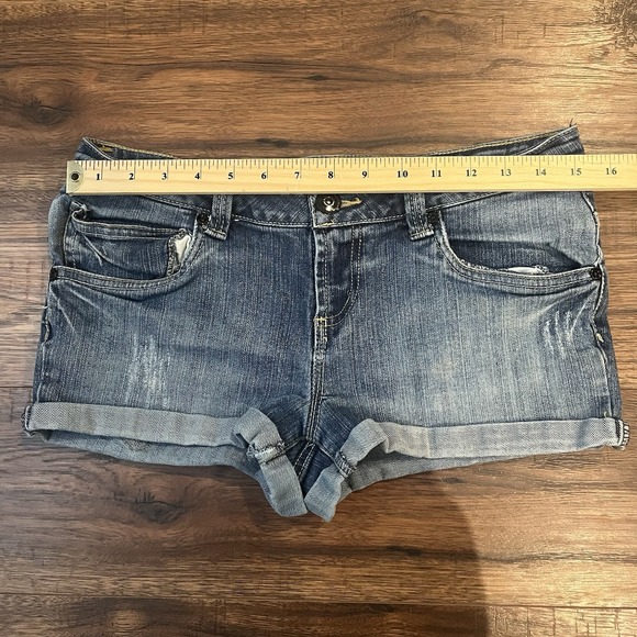 Sirens Blue Y2K Low Rise Jean Micro Mini Shorts Size 11 Cuffed Festival Summer - Picture 5 of 7